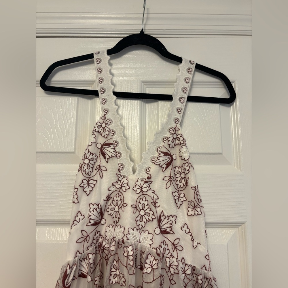 Anthropologie Embroidered Halter Midi Dress White & Burgundy Floral Size M - Picture 7 of 10